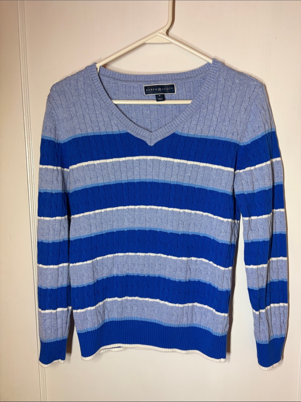 Karen Scott Women’s Light Blue and Royal Blue Striped V-Neck Sweater